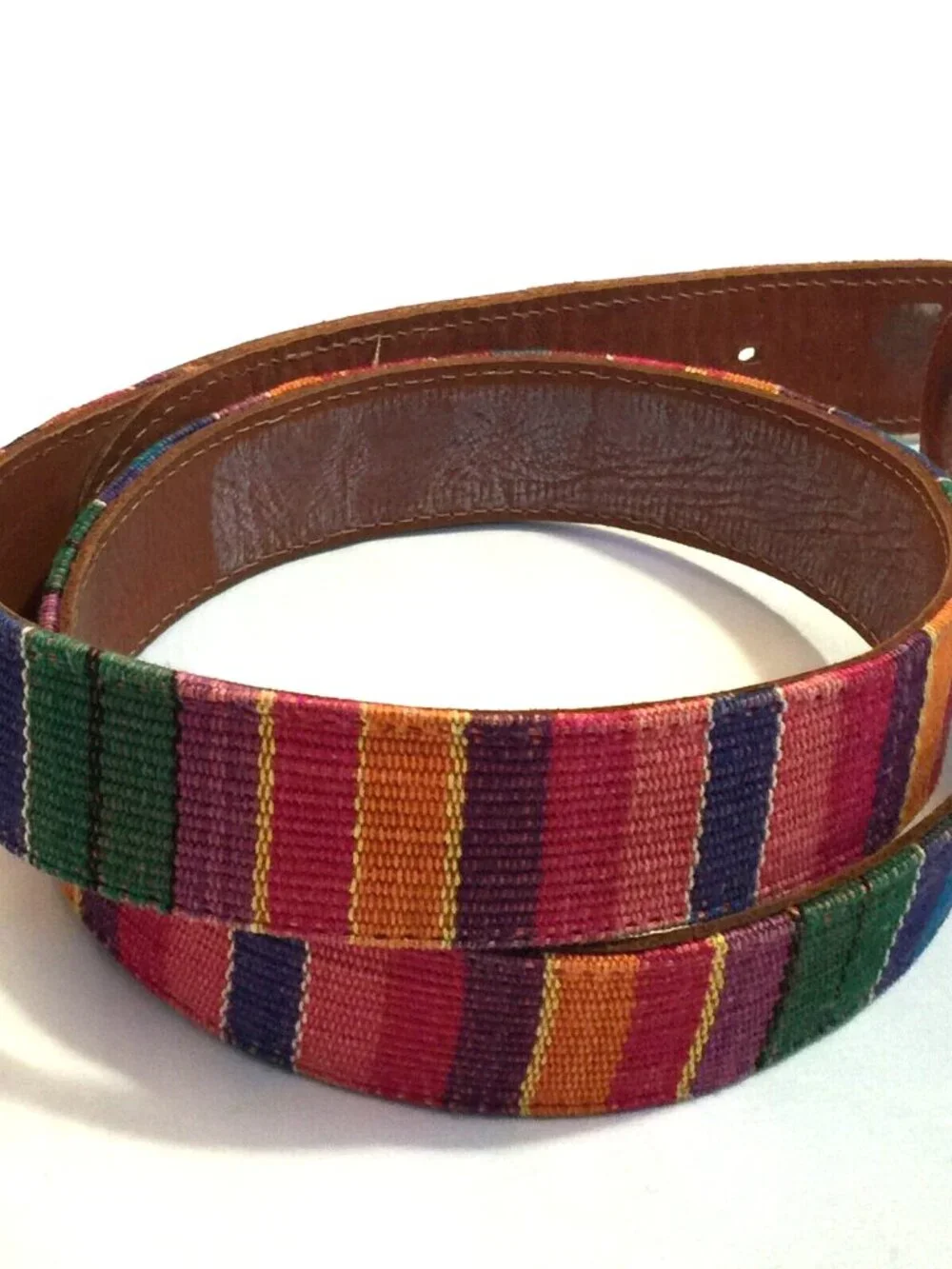 VINTAGE GUATEMALAN MULTICOLOR HANDWOVEN TEXTILE BUCKLE LEATHER BELT WOMENS 30
